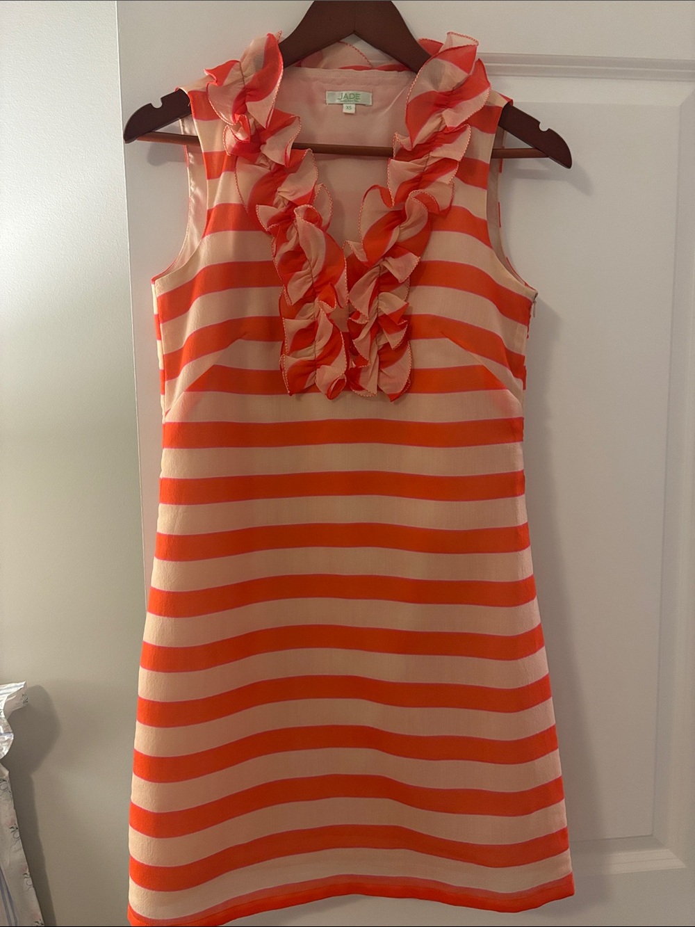 JADE Striped Ruffle V-Neck Shift Dress in Orange and Cream